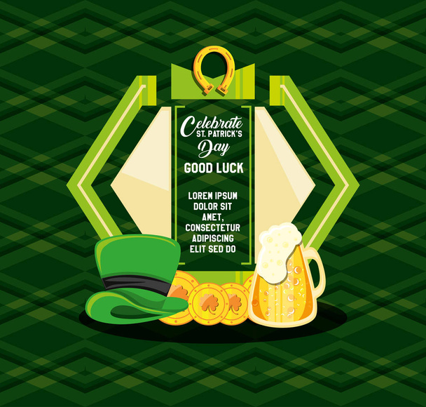 st patrick day card with beer and icons - Vector, Image