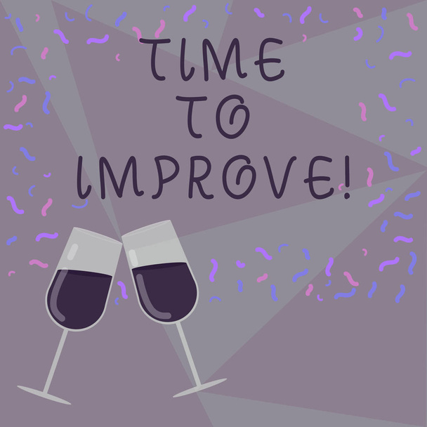 Text sign showing Time To Improve. Conceptual photo Telling someone to develop himself Study hard Courses Filled Wine Glass Toasting for Celebration with Scattered Confetti photo. - Photo, Image