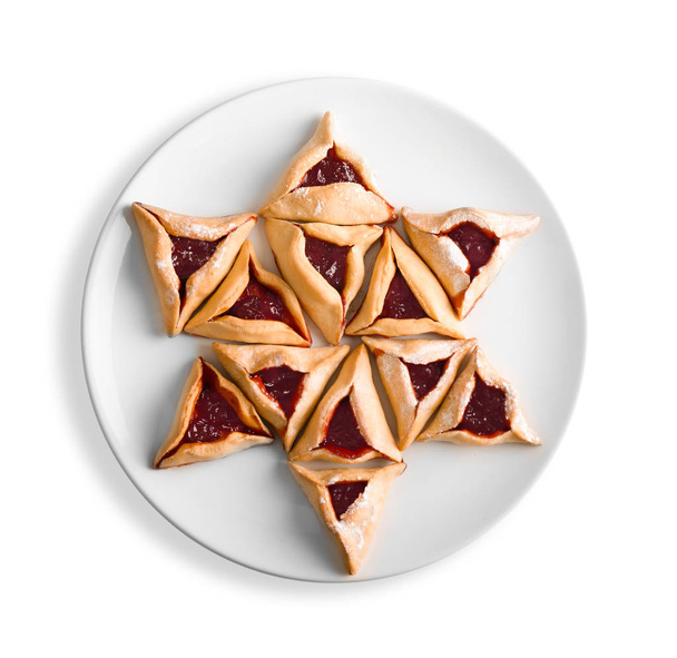 Plate with hamantaschen for Purim holiday on white background - Foto, Bild