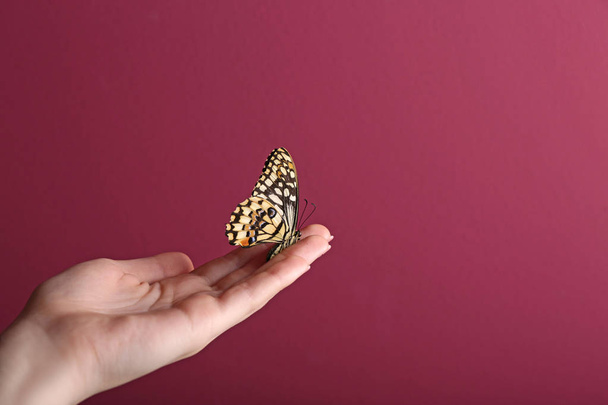 Beautiful butterfly sitting on female hand against color background - Fotografie, Obrázek