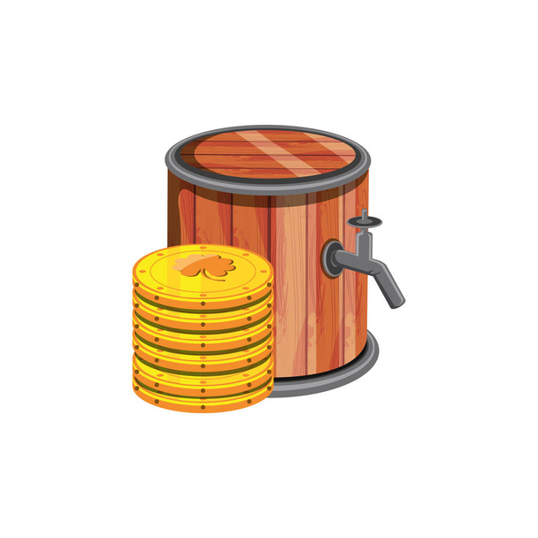 бочкове дерев'яне пиво з купами монет
 - Вектор, зображення