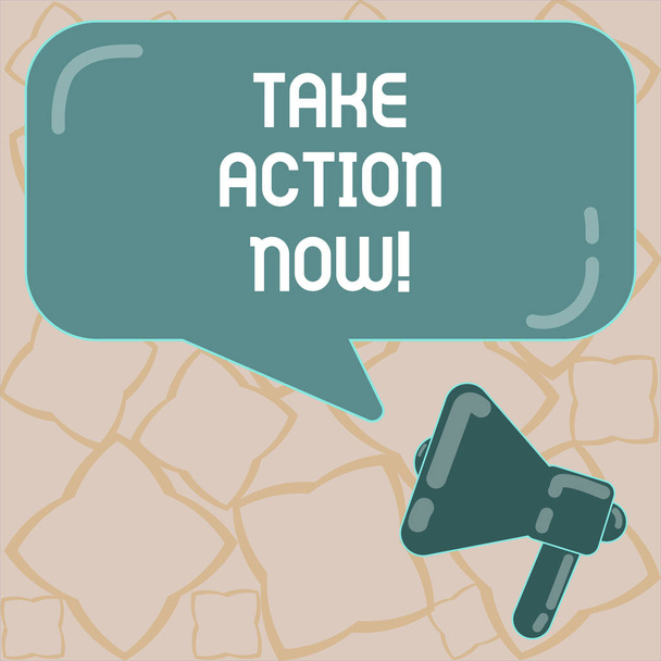 Conceptual hand writing showing Take Action Now. Business photo text asking someone to start doing Good perforanalysisce Encourage Megaphone and Rectangular Color Speech Bubble with Reflection. - Photo, Image
