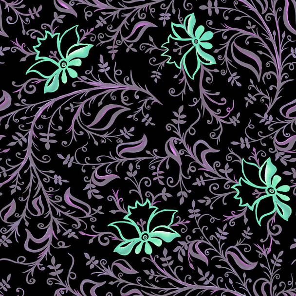 Seamless pattern ornament openwork delicate flowers and leaves with curls and vines green violet neon black - Foto, imagen