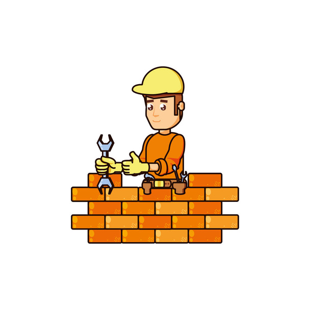 Bauarbeiter mit Schraubenschlüssel und Mauerziegel - Vektor, Bild