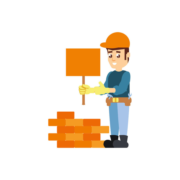 construction worker with banner signal and wall brick - Vector, Image