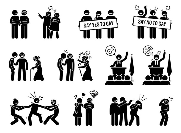Gay man social problems and life hurdles. Illustrations depict homosexual men facing social difficulties, acceptance, rejections, and bullying. - Vector, Image
