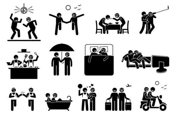 Gay couple lifestyle and activities. Illustrations depict two gay men enjoying each other companion and doing a lot of activities together in life. - Vector, Image