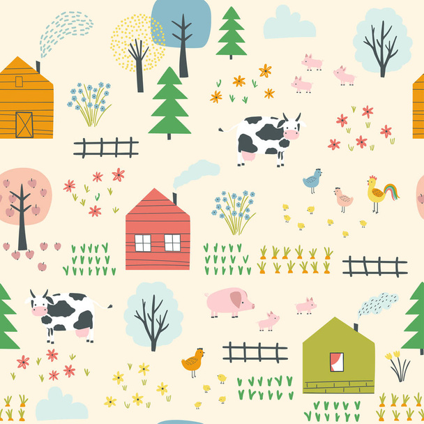 Seamless landscape pattern with village, cows, chickens, piglets and plants. Vector illustration. Use for textile, print, surface design, fashion kids wear - Vektor, obrázek