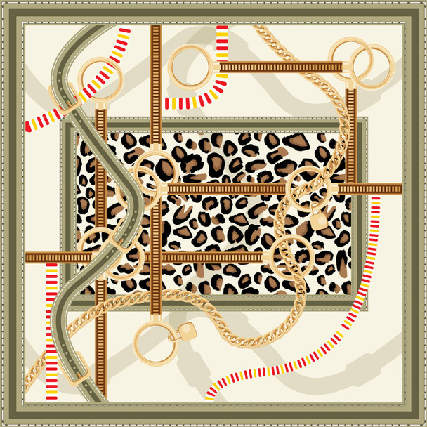 Pattern with Golden Chain, Belts and Leopard Print for Fabric Design. Vector Illustration. Silk Scarf Design.  - Vector, Image