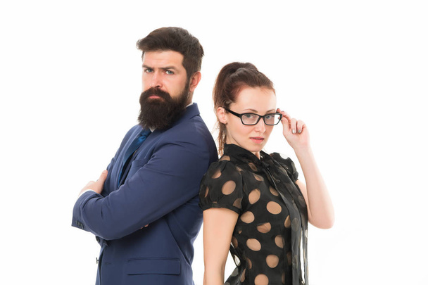 Business partners leadership and cooperation balance. Office job and business. Business concept. Nothing personal just business. Couple colleagues man with beard and pretty woman on white background - 写真・画像