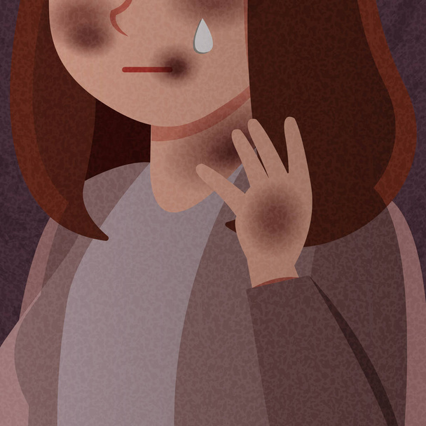 cartoon violence against woman crying on dark background - Vector, imagen