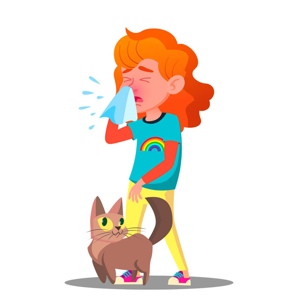 Аллергия, чихающая девушка с кошачьим вектором. Изолированная карикатура
 - Вектор,изображение
