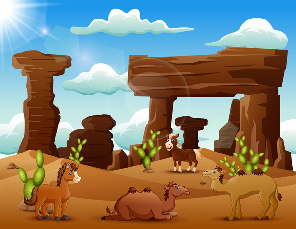 Мультяшний кінь і верблюди насолоджуються пустелею
 - Вектор, зображення