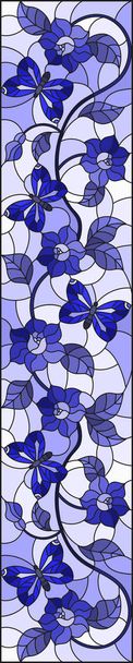 Illusztráció stílusosan ólomüveg absztrakt göndör virág és egy világos háttér, függőlegesen a kép, a hang kék pillangó - Vektor, kép