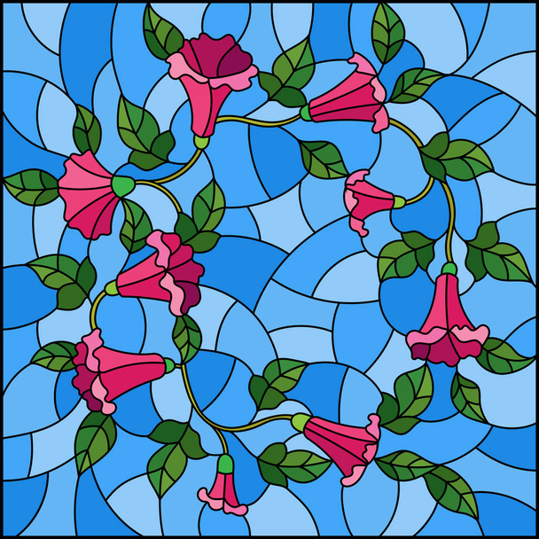 Illustrazione in stile vetrate con fiori loach, fiori rosa e foglie su sfondo blu
 - Vettoriali, immagini
