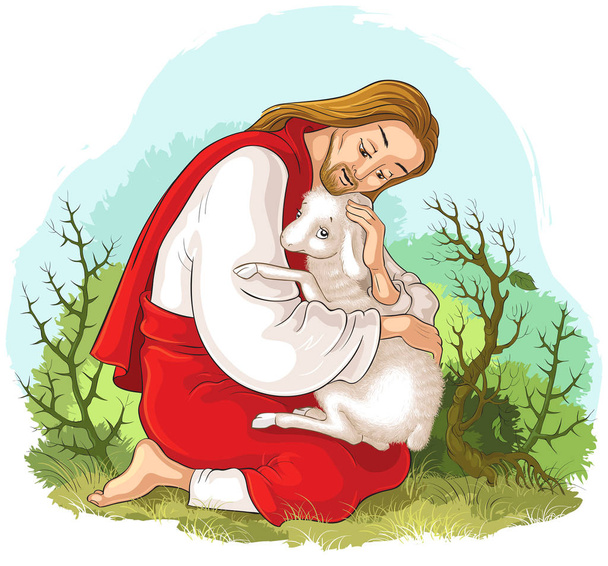 Η ιστορία του Ιησού Χριστού. Η παραβολή του το χαμένο πρόβατο. Ο καλός ποιμένας διάσωση ένα αρνί που αλιεύονται με αγκάθια. Διατίθεται επίσης χρωματισμός βιβλίο έκδοση - Διάνυσμα, εικόνα