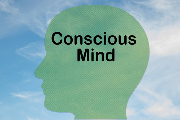Illustration du titre Conscious Mind sur la silhouette de la tête, avec un ciel nuageux comme arrière-plan
. - Photo, image