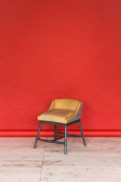 The working space of the photo studio with a red paper background and chair. - Fotoğraf, Görsel