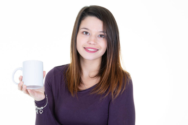 Portrait of beautiful woman smiling with cup of coffee tea isolated white background - Photo, image