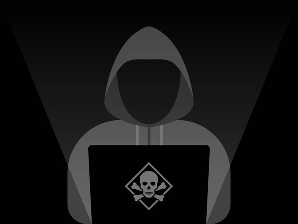 Hacker at laptop icon. Flat illustration of hacker at laptop vector icon for web design - Vector, Image