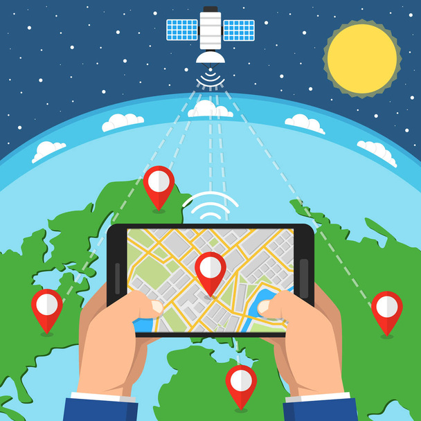 Mapa de navegación GPS móvil con puntero en el teléfono inteligente de pantalla. concepto en línea. Tierra en el fondo. Ilustración vectorial plana
.  - Vector, imagen