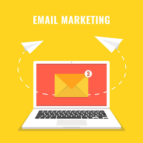 Laptop mit Umschlag und E-Mail lesen auf dem Bildschirm. E-Mail-Marketing, Internet-Werbekonzepte. Vektorillustration.  - Vektor, Bild