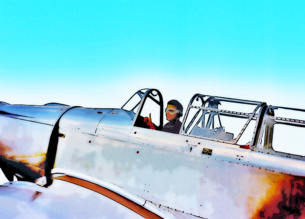 strips-stijl ww2 piloot in de cockpit van een Oorlogsvogel - Foto, afbeelding