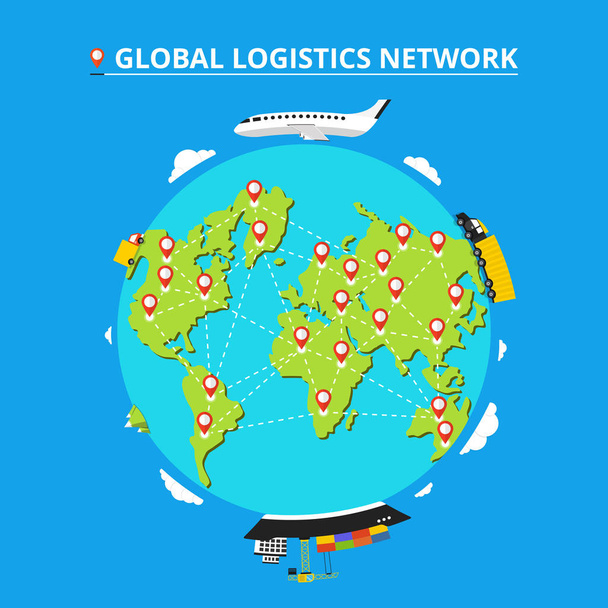 Maailmanlaajuinen logistiikkaverkko. Aseta kuvakkeet: kuorma-auto, pakettiauto, lentokone, rahtialus. Kuljetus maailman halki. Tasavektorin kuva
.  - Vektori, kuva