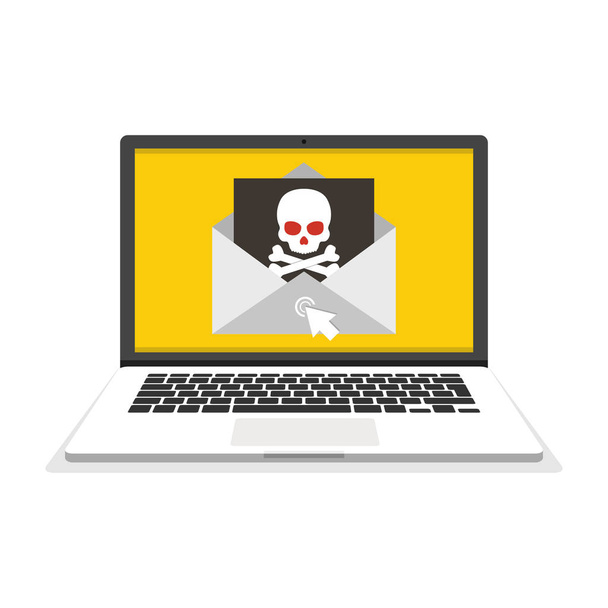 Laptop met envelop en schedel op het scherm. Concept van virus, piraterij, hacken en beveiliging. Platte vectorillustratie.  - Vector, afbeelding