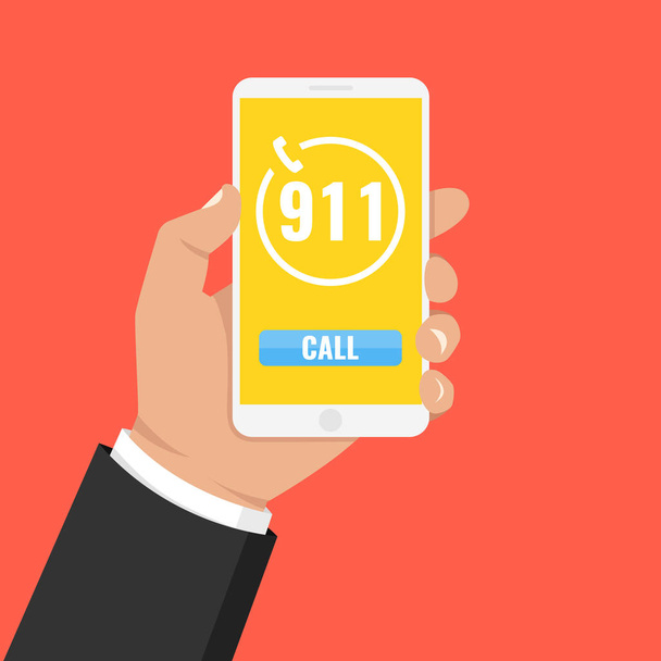 Notruf 911-Konzept. Hand hält Handy mit Notrufnummer 911 auf dem Bildschirm. Vektorillustration.  - Vektor, Bild