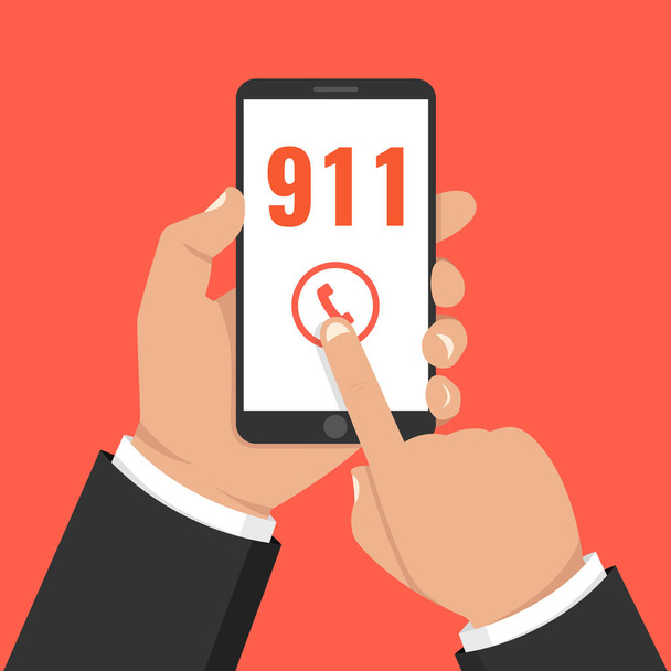 Koncepcja 911 alarmowe. Ręka trzyma telefon komórkowy z numer alarmowy 911 na ekranie. Ilustracja wektorowa.  - Wektor, obraz