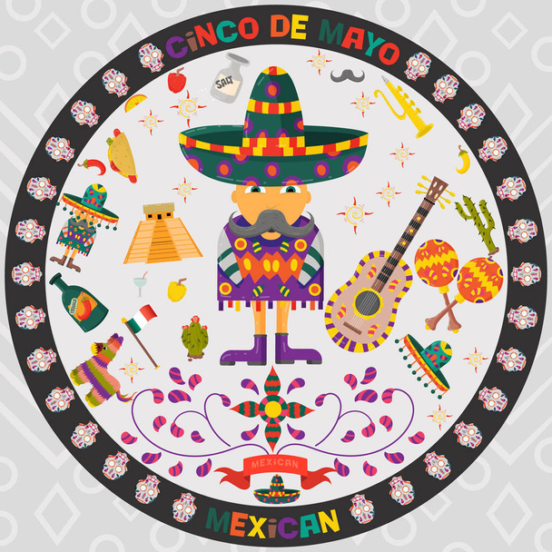 Vektor-Design-Aufkleber in kreisförmigem Ornament zum Thema des Cinco de Mayo-Festes im flachen Stil, Zeichen und Symbole der mexikanischen Kultur - Vektor, Bild