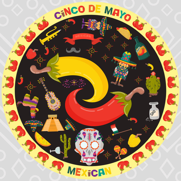 Cinco de mayo kutlama günü düz stil, işaretler ve semboller Meksika kültür konulu dairesel süs tasarım çıkartmaları vektör - Vektör, Görsel