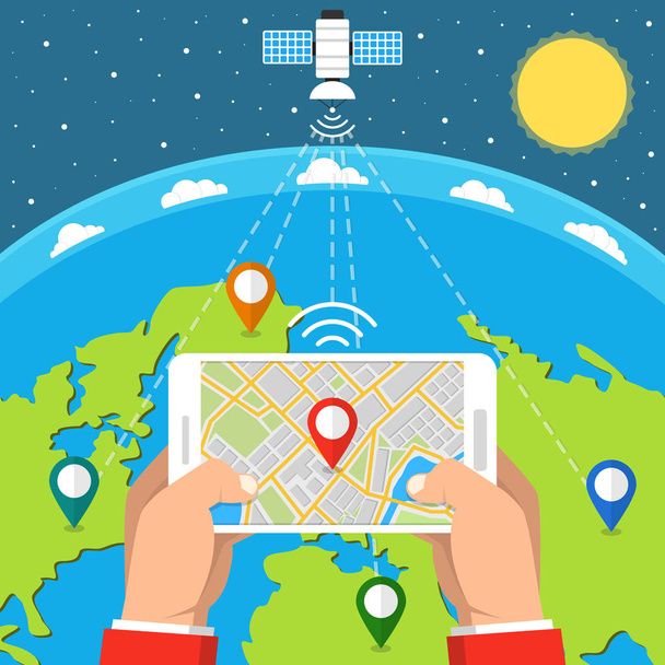 Carte de navigation GPS mobile avec pointeur sur smartphone écran. concept en ligne. La Terre en arrière-plan. Illustration vectorielle plate
.  - Vecteur, image