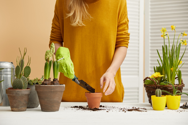 partial view of gardener in sweater filling flowerpot with spade  - Photo, Image