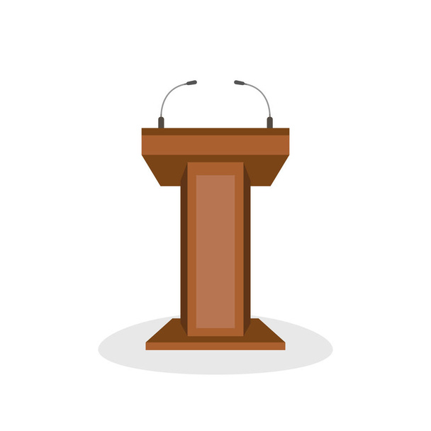 Wooden podium tribune stand rostrum with microphones. Flat cartoon style. Vector illustration. - Vector, Image