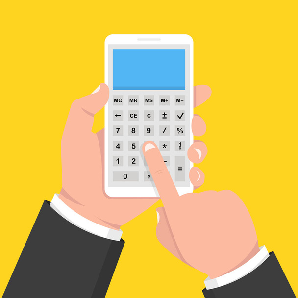Hand holding smartphone with calculator on screen. Vector Illustration.  - Vector, Image