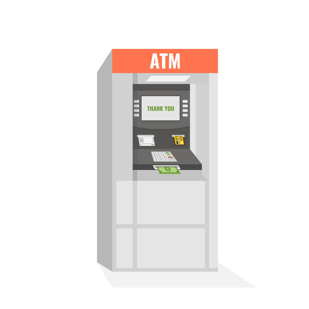 Ulice Atm bankomat s pozitivní odezvou na obrazovce a dolar bankovky trčí slot. Vektorové ilustrace. - Vektor, obrázek