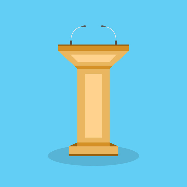 Wooden podium tribune stand rostrum with microphones on blue. Flat cartoon style. Vector illustration. - Vector, Image
