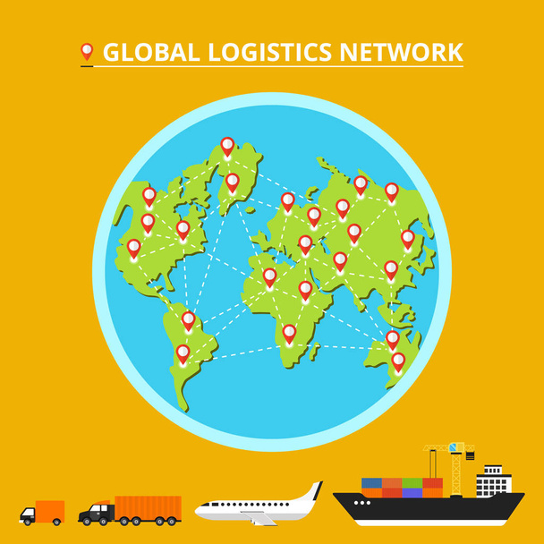 Rete logistica globale. Set icone: camion, furgone, aereo, nave da carico. Trasporti su tutto il mondo. Illustrazione vettoriale piatto
.  - Vettoriali, immagini