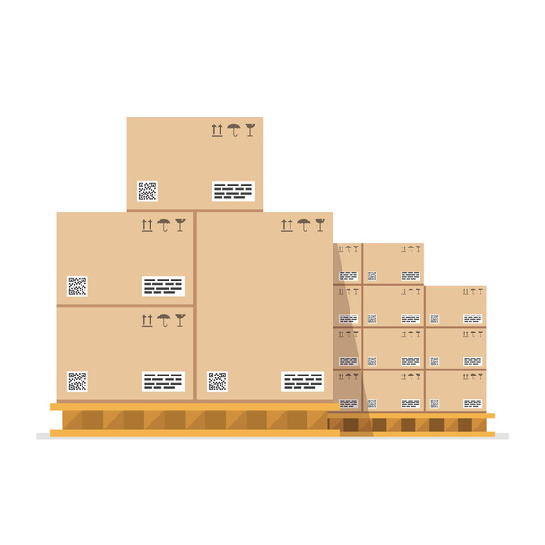 Cardboard boxes with fragile signs and barcode on wooded pallet. Vector illustration.  - Vector, Image