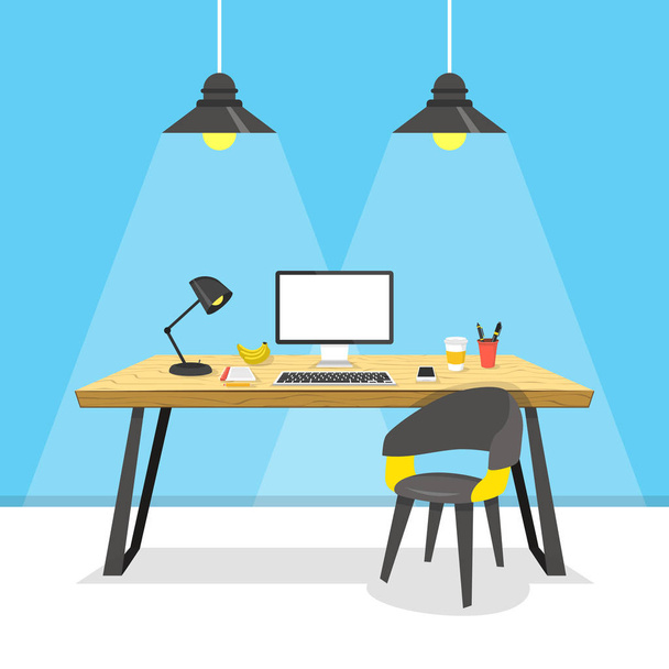 Modern workplace. Laptop on wooden the table. Working place concept. Vector illustration. - Vector, afbeelding