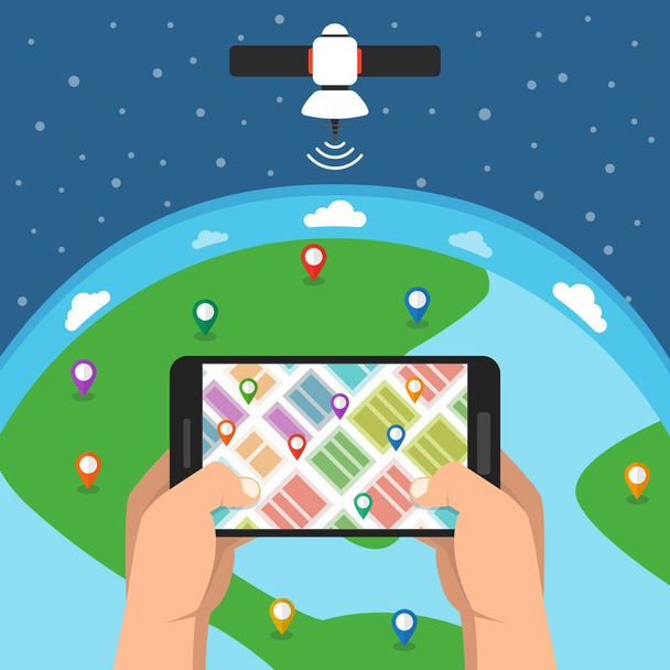 İşaretçi ekran smartphone cep telefonu gps navigasyon harita. Online kavramı. Arka plan dünyada. Düz vektör çizim.  - Vektör, Görsel