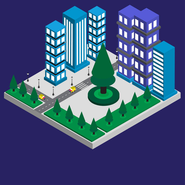 Izometrické město moderní a inteligentní design s Zelený strom, auto a světla na ulici vektorové ilustrace šablony pro výstavbu - Vektor, obrázek