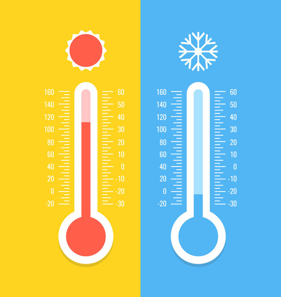 Termometr i płatek śniegu, słońce ikony. Stopniach Celsjusza i Fahrenheita. Pomiar temperatury ciepłej i zimnej. Ilustracja wektorowa. - Wektor, obraz