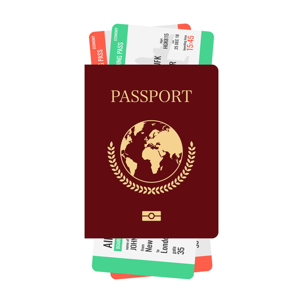 Uluslararası pasaport ve bilet. Hava seyahat kavramı. Vektör çizim. - Vektör, Görsel