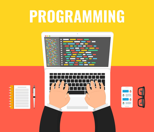 Programmeur codering op laptopcomputer Bureau. Code op de laptop scherm. Vectorillustratie. - Vector, afbeelding