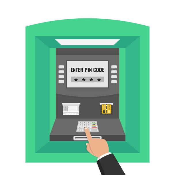 Street ATM machine with hand and credit card. Flat cartoon style. Vector illustration. - Vector, Image