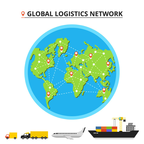Δίκτυο global logistics. Ορίσετε τα εικονίδια: φορτηγό, van, αεροπλάνο, σκάφος φορτίου. Μεταφορά κόσμο. Επίπεδη διανυσματικά εικονογράφηση.  - Διάνυσμα, εικόνα