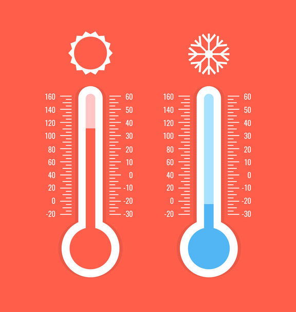 温度計、スノーフレーク、太陽のアイコン。摂氏と華氏。ホットとコールドの温度を測定します。ベクトル図. - ベクター画像